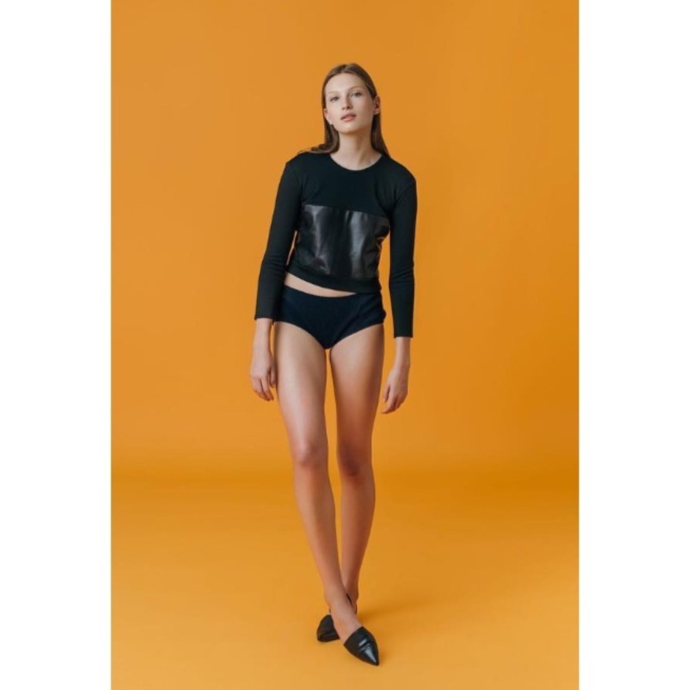 Black Leather Cropped Top Small Wool Sweater Italian Merino Luxury Lambskin $395